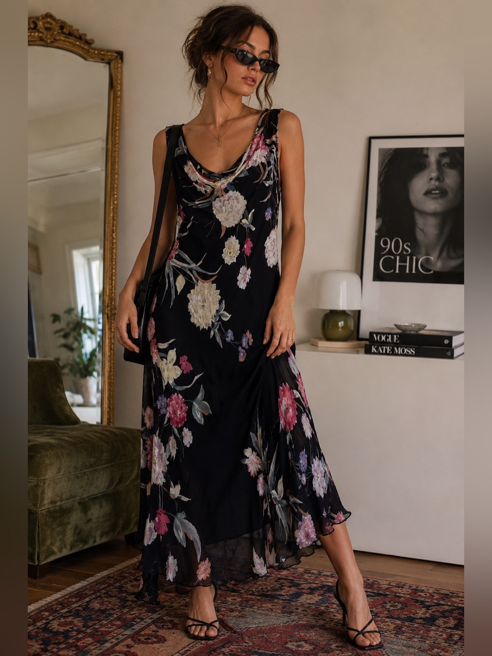 🎀Vintage🎀 90s “Eva Blue” Black Floral Maxi Dress Beads Cowl Neck Size 12